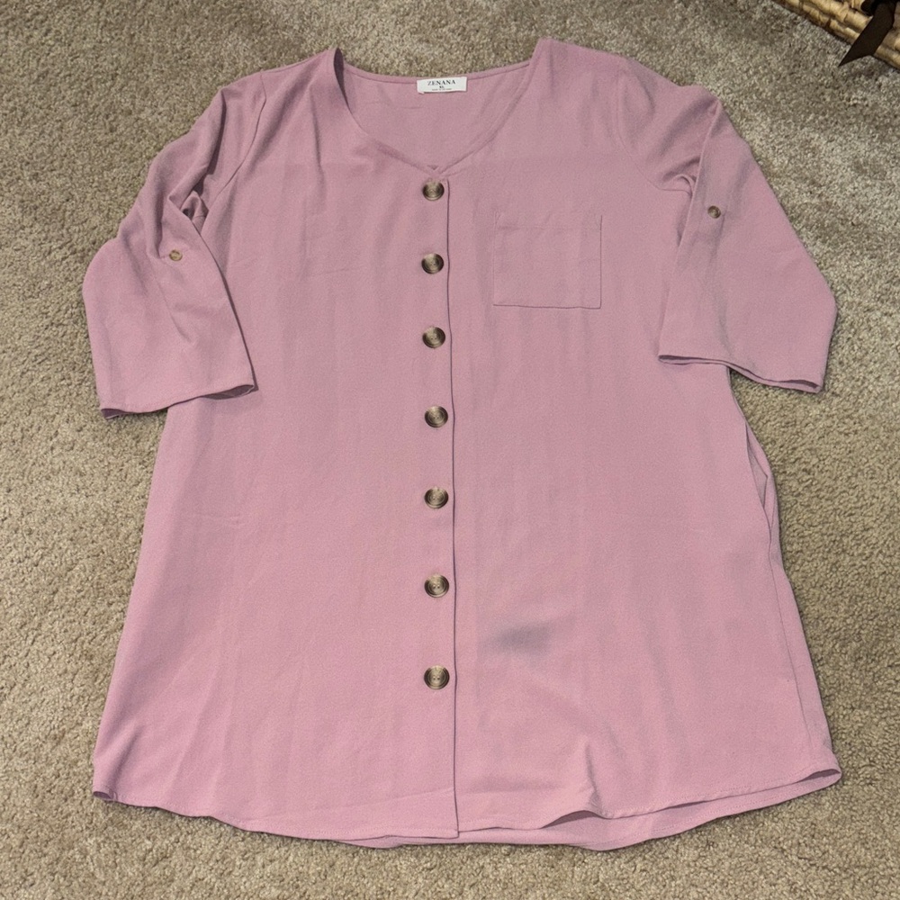 Zenana Outfitters Mauve Button-Front V-Neck Tunic Dress Pockets